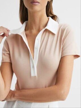 REISS Avery Short Sleeve Polo Bodysuit in Neutral/Ivory Size 6